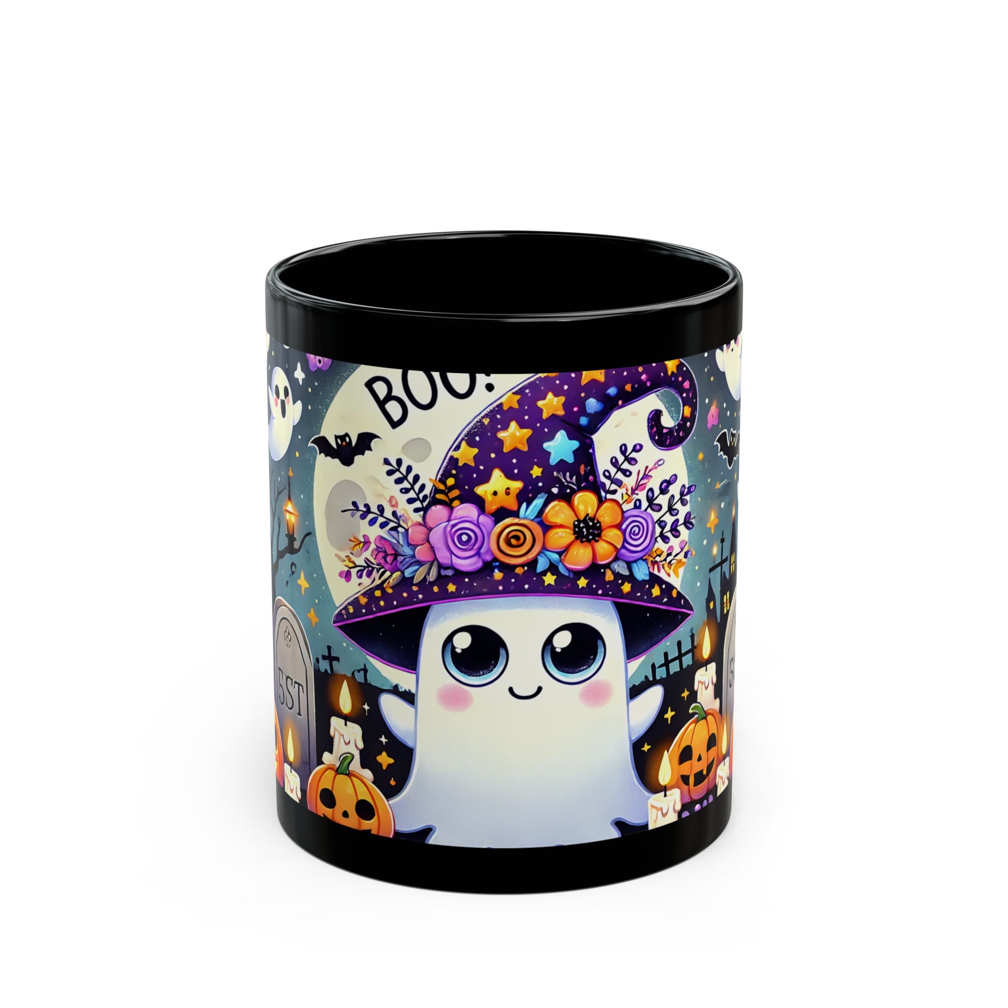 11 oz Black Mug Cute Halloween Ghost