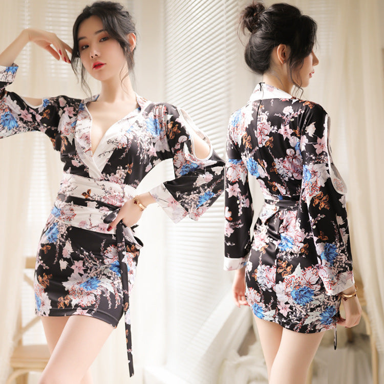 Sexy Lingerie Low-Cut Retro Japanese Print Kimono